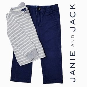Janie & Jack Cotton Navy Chinos and Grey & White Stripe Henley Top Set 2T